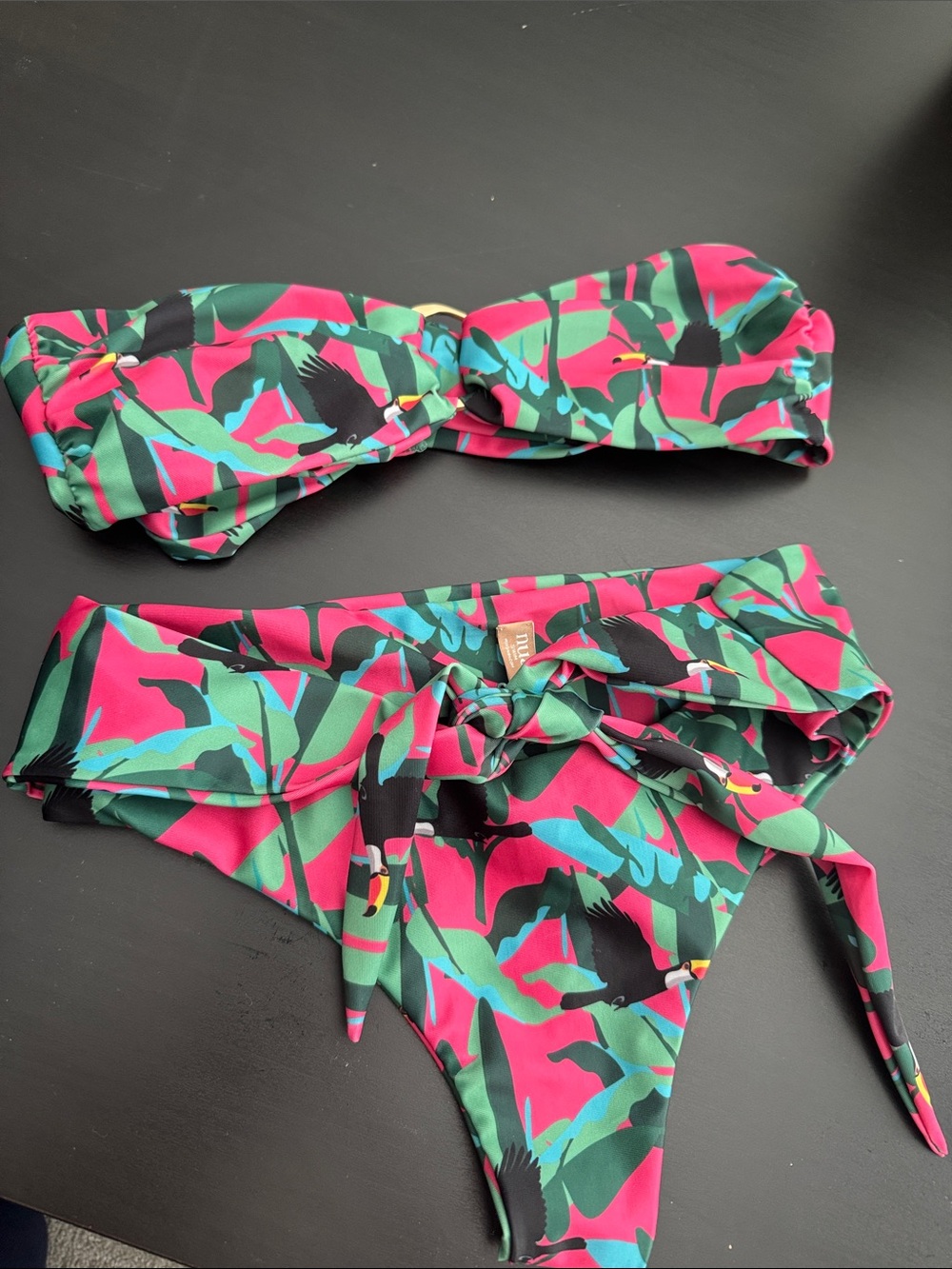 Women's Bandeau Bikini Set with Tropical Pink & Green Print